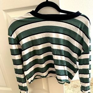 Brixton Green and White Striped Cropped Long Sleeve Top